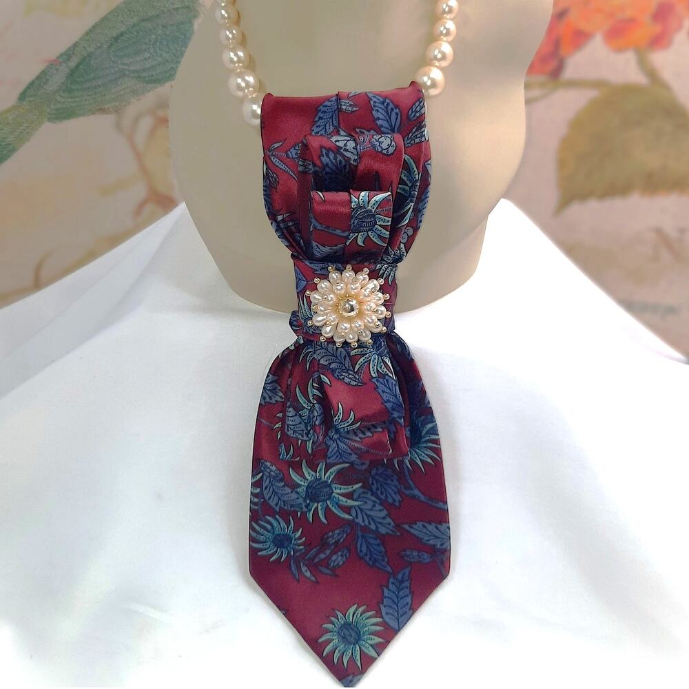 Artisan ADOLFO Silk Tie Necklace Burgundy Sunflower Strand Vintage Pearl Beads